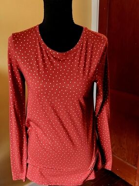 Boden Rust Red Long Sleeve Cotton Top with Gold Dots